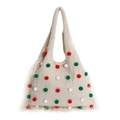 Sac fourre-tout de Noël en tricot crème avec pompons colorés et bordures à franges chic - Blanc