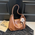 Vintage brown PU leather tote bag with soft texture and white plush sheep charm - Brown with Pendant
