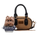 Brown frosted mini boston bag with black handles and a cute dog plush keychain - 16*5*10 / Khaki With Pendant