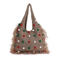 Sac fourre-tout de Noël en tricot marron avec pompons colorés et franges - Kaki