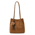 Brown faux suede tote bag with slim shoulder straps and cute plush bear charm accessory - With Pendant / Brown