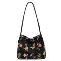 Black canvas tote bag with colorful floral embroidery and leather shoulder straps - Black