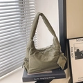 Olive green padded quilted tote bag with matching mini coin purse and wide shoulder strap - Green