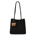 Minimalist black suede tote bag with cute brown bear charm and sleek shoulder straps - With Pendant / Black