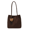 Dark brown faux suede tote bag with slim shoulder straps and a plush bear pendant - With Pendant / Brown