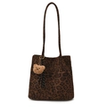 Stylish large capacity tote bag featuring bold leopard print and cute plush bear charm - With Pendant / Leopard Coffee