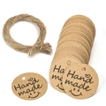 Étiquettes rondes en papier kraft brun Hand Made avec 20m de ficelle de jute naturel - Motif Visage Souriant Fait Main / Couleur Kraft