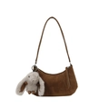 Vintage brown frosted suede crescent bag with a cute plush rabbit pendant and long strap - With Pendant / Brown