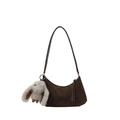 Dark coffee suede crescent shoulder bag with fringe tassel and plush rabbit charm - With Pendant / Coffee