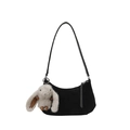 Black suede hobo bag featuring a cute grey plush rabbit charm and shoulder strap - With Pendant / Black