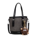 Sac seau gris foncé élégant avec garniture en cuir noir et charm monstre en peluche - Avec Pendentif en Peluche / Brun Foncé