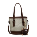 Sac seau en toile bordé de cuir marron avec breloque en peluche et bandoulière réglable - Avec Pendentif en Peluche / Blanc et Marron