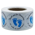 Rotolo di 500 adesivi di ringraziamento per baby shower con impronte blu su bianco - Impronte di Neonato Blu (CQ15)