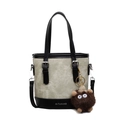 Sac seau en toile grise avec garniture en cuir noir et breloque en peluche marron - Avec Pendentif en Peluche / Blanc et Noir