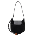 Black suede bucket bag with contrast leather flap and amber bead drawstring detail - Black