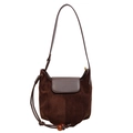 Deep brown matte suede bucket bag with smooth leather trim and amber bead drawstring - Brown