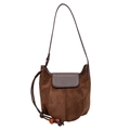 Brown matte suede bucket bag with dark leather trim and amber decorative beads - Brown