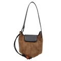 Brown frosted suede bucket bag with black leather strap and amber bead drawstring detail - Khaki
