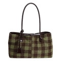 Retro-Tote-Bag mit braun-grünem Karomuster und dunkelbraun glänzendem Schulterriemen - Grün