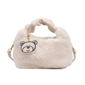 Chic beige plush handbag with ruched leather handle and cute bear charm detail - White