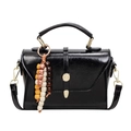 Glossy black leather shoulder bag with vintage colorful wooden bead pendant decoration - With Pendant / Black