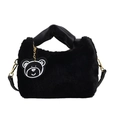 Black plush ruched handbag with knotted handle and cute bear pendant accessory - Black