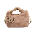 Chic light brown plush handbag with pleated leather handles and a cute bear charm pendant - Brown