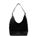 Borsa a secchiello hobo in pelle e camoscio nero con logo argento e stile minimalista - Nero