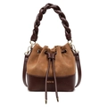 Bolso cubo bicolor con asa trenzada y cordón en gamuza marrón y cuero sintético liso - Marrón
