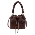 Bolso saco retro marrón oscuro en ante y cuero con asa trenzada y cierre de cordón - café