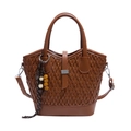 Bolso bandolera trenzado color caramelo con asas y adorno decorativo de cuentas de madera - Marrón