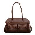 Dark brown retro PU leather tote bag with multi-pockets and adjustable shoulder strap - Small Brown