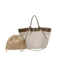 Sac fourre-tout en toile contrastée avec bordure en cuir marron et pochette intérieure - Marron