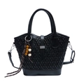 Elegant black woven leather handbag with wooden bead charm and crossbody strap - Black