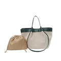Sac fourre-tout en toile blanc cassé avec garniture en cuir vert foncé et pochette - Vert