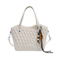 Chic off-white woven bucket bag with wood bead tassel and detachable shoulder strap - White
