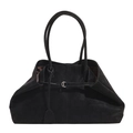 Minimalist black faux suede tote bag with long handles and silver metal buckle detail - Black