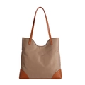 Grand sac fourre-tout rétro en nylon taupe avec poignées et base en cuir marron - Marron