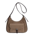 Vintage brown suede hobo bag with adjustable strap and front flap pocket detail - Khaki