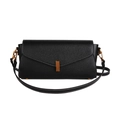 Minimalist black lychee texture crossbody bag with gold buckle and white stitching - Black