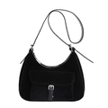 Fashionable black faux suede hobo bag with front buckle pocket and silver shoulder strap - Black