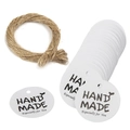 Set runde weiße Kraftpapier-Geschenkanhänger mit HAND MADE Text und Juteschnur-Bündel - Weiß