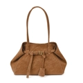 Grand sac à main en cuir marron avec coutures blanches et boucle en métal doré - Marron