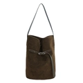 Dunkelbraune Retro Wildleder Beuteltasche mit Kontrastnähten und Metallschnalle - Grün