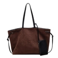 Grand sac cabas en daim marron avec lanières en cuir noir et texte embossé pour le quotidien - Marron