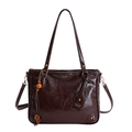 Borsa tote retrò marrone scuro in pelle cerata con nappa in legno e dettagli dorati - Marrone