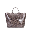 Glossy leopard print tote bag with white TOTE BAG text and large capacity design - Brown
