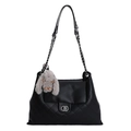 Gevoerde zwarte lederen crossbody tas met zilveren ketting en grijze konijnenhanger - Met Hanger / Zwart