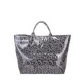 Glossy leopard print tote bag in grey and black with white TOTE BAG text print - Khaki
