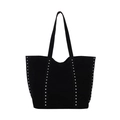 Black faux suede tote bag with vertical silver stud details and dual handles for women - Black